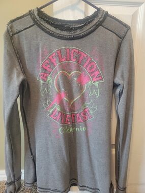 Affliction Long Sleeve Thermal Shirt - Gray with Pink & Neon Green Graphic
